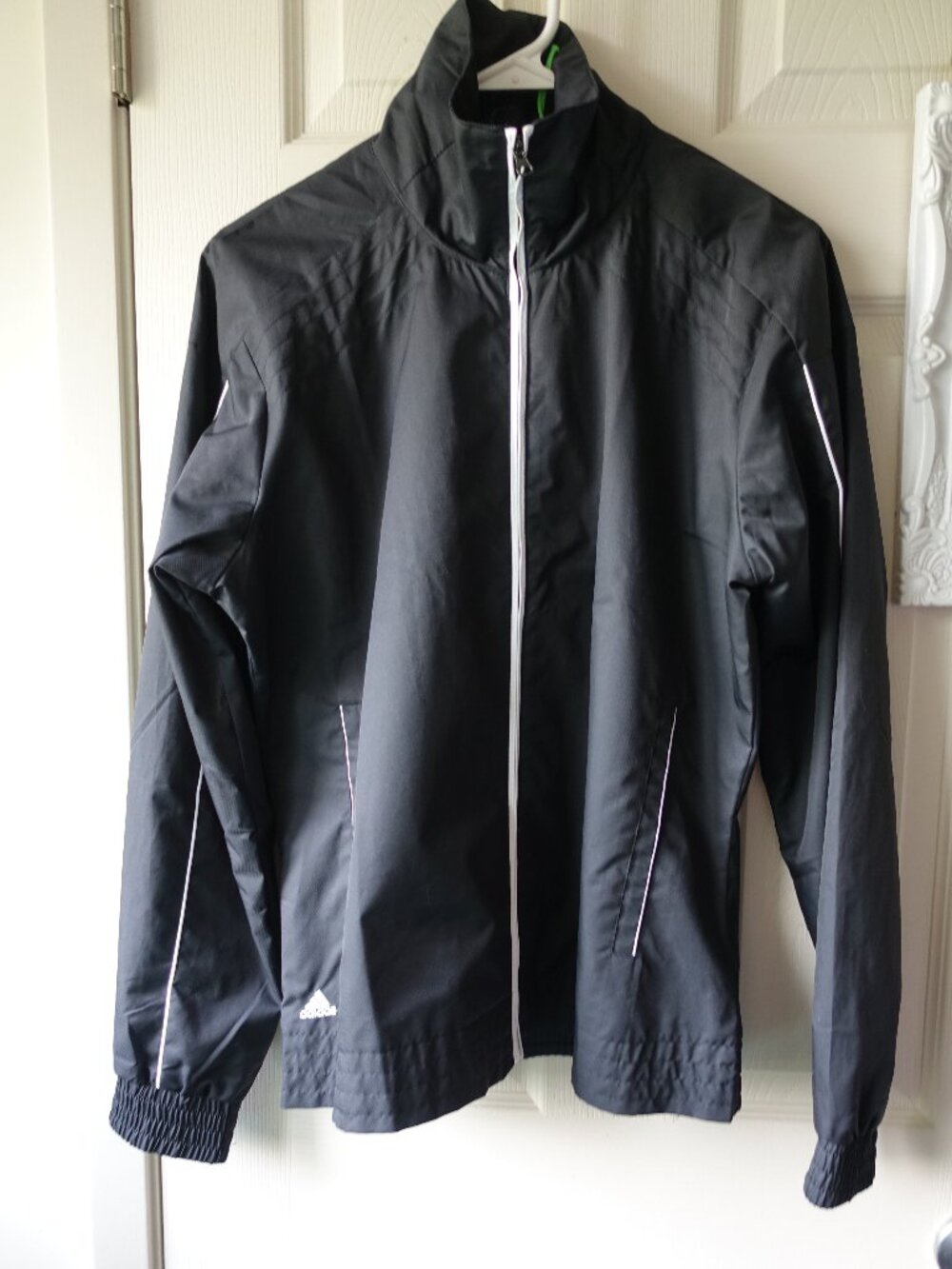 adidas Black Lightweight Full-Zip Windbreaker Jacket with White Trim